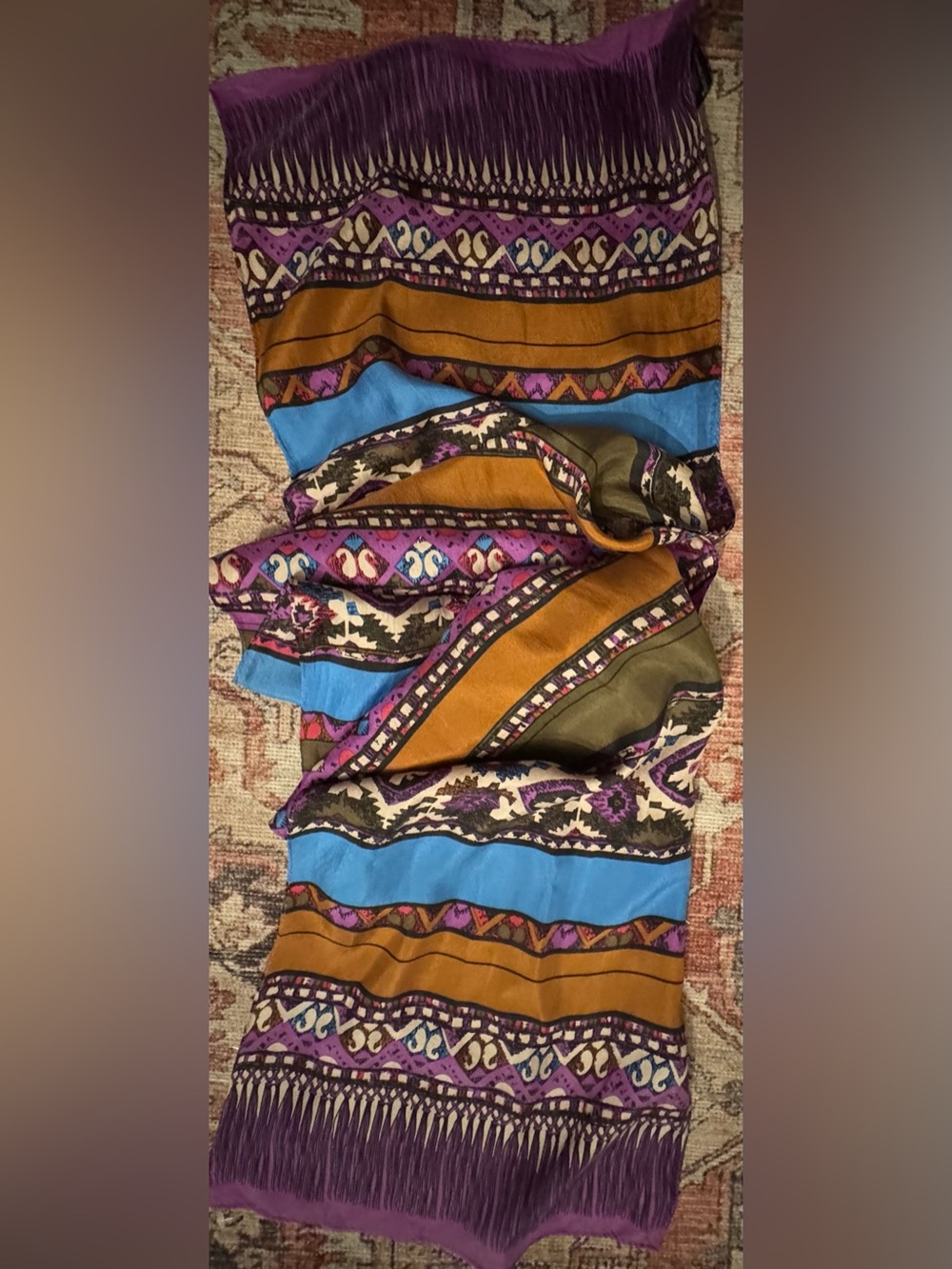 Vintage Specially House Boho Striped Fringe Silk Scarf in Purple, Blue & Mustard